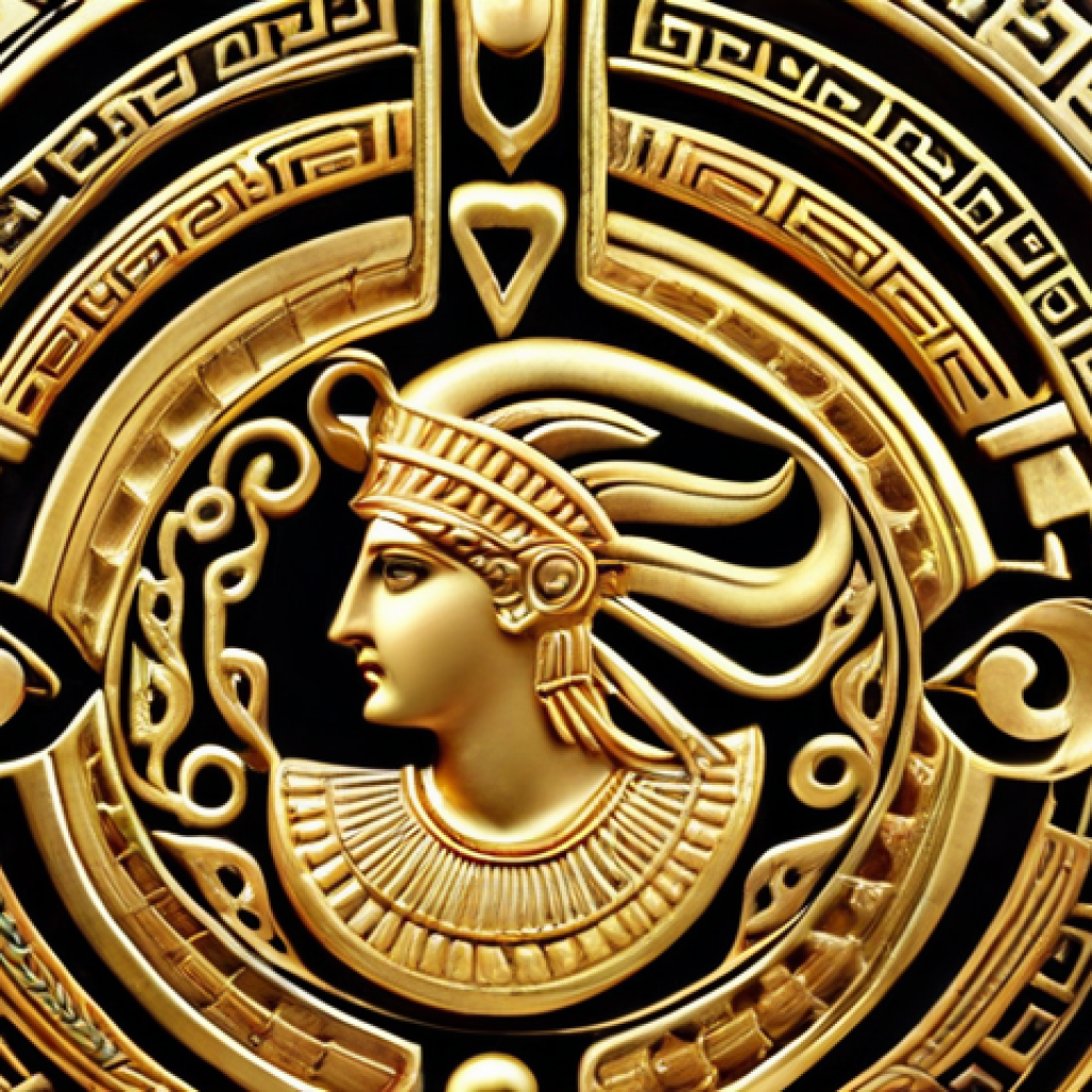 **Ancient Greek Jewelry:** Close-up of intricately crafted gold jewelry with motifs inspired by Greek mythology, such as Athena or labyrinth patterns. Emphasize the detail and craftsmanship.