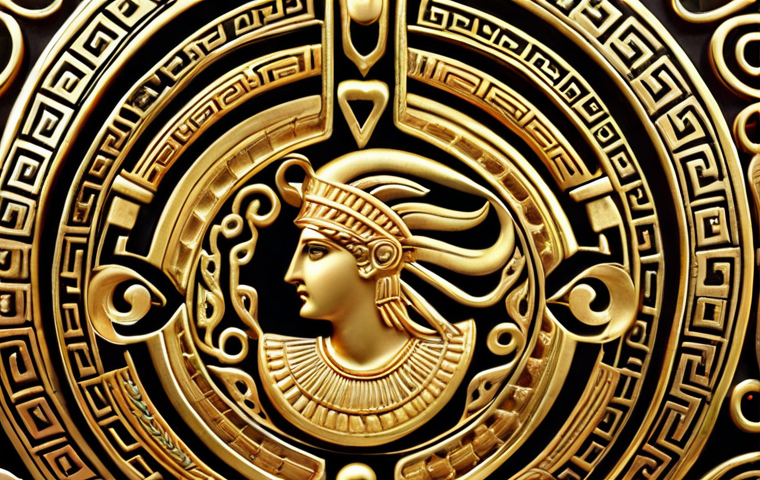 **Ancient Greek Jewelry:** Close-up of intricately crafted gold jewelry with motifs inspired by Greek mythology, such as Athena or labyrinth patterns. Emphasize the detail and craftsmanship.